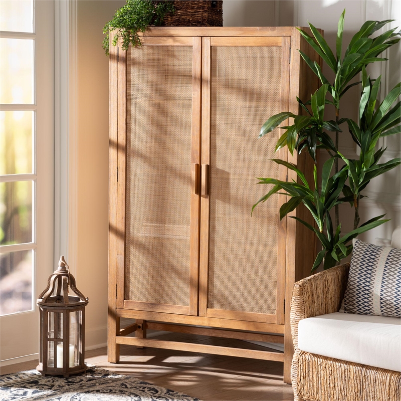 bali & pari Sibu Storage Cabinet with Rattan Doors - Tall Accent Cabinet