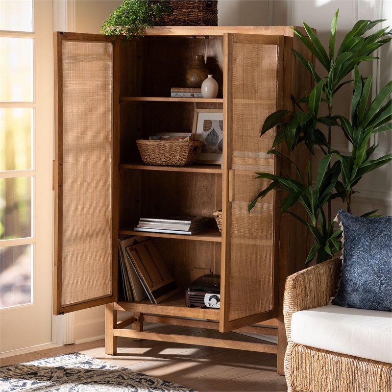 bali & pari Sibu Storage Cabinet with Rattan Doors - Tall Accent Cabinet