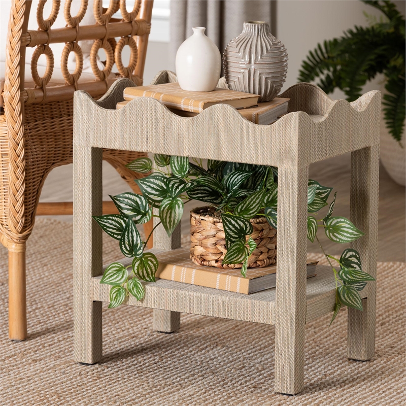 bali & pari Sebastian Grasscloth Scalloped End Table 2-Tier Accent Table Beige