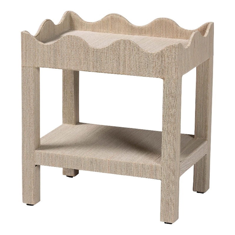 bali & pari Sebastian Grasscloth Scalloped End Table 2-Tier Accent Table Beige