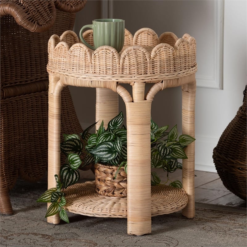 bali & pari Latoya Natural Rattan End Table Handwoven Wicker 2-Tier Side Table