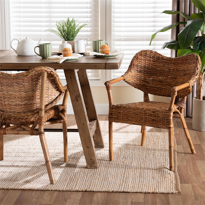 bali & pari Tara 2-Piece Natural Rattan Dining Chair Handwoven Wicker Armchair