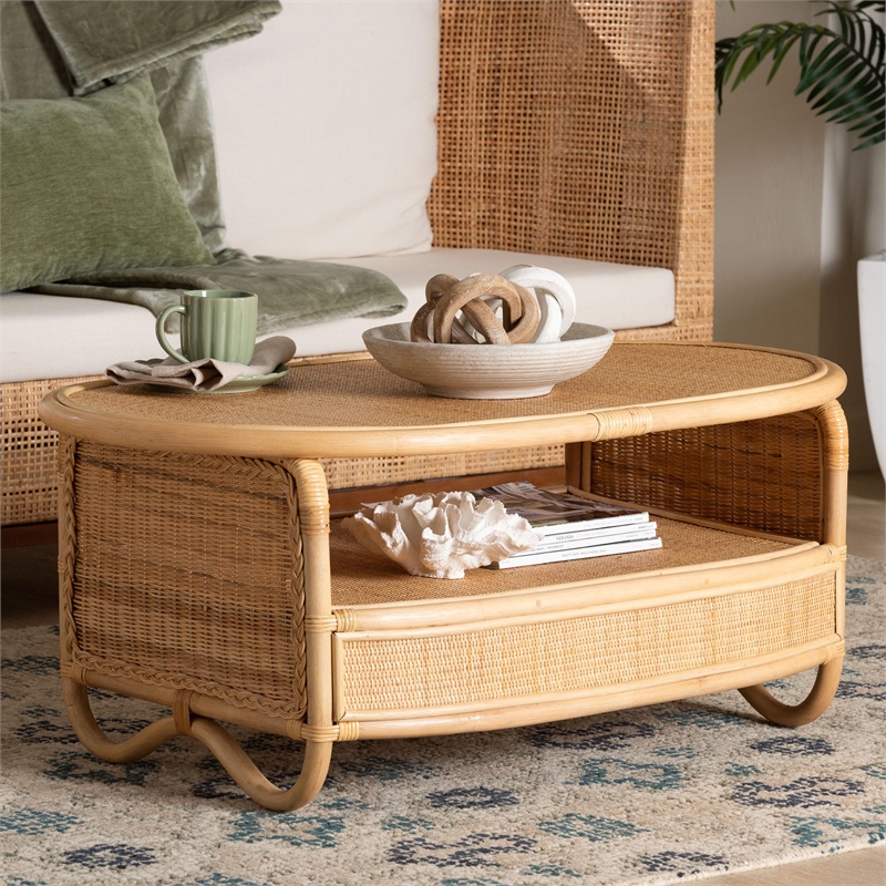 bali & pari Dyna Natural Rattan Coffee Table with Open Shelf