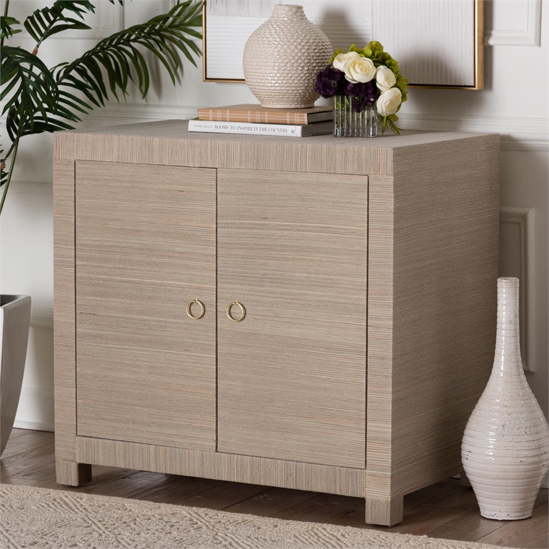 bali & pari Halen Natural Grasscloth Storage Cabinet Two-Door Console Storage