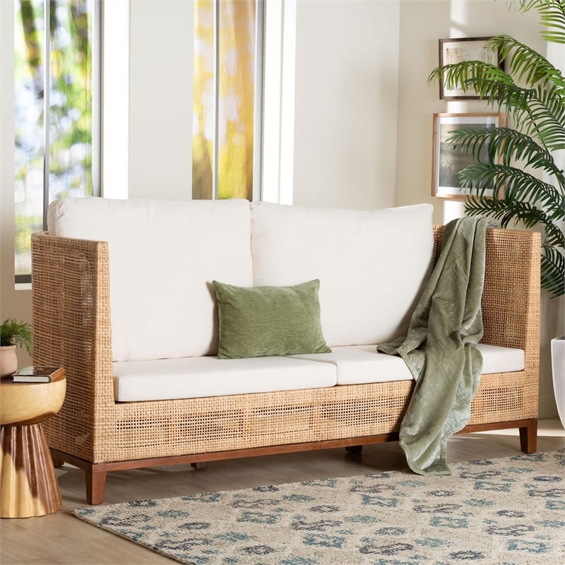 bali & pari Edda Natural Rattan Sofa with Upholstered Cushions Coastal Style