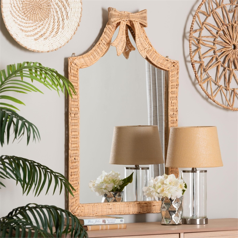 bali & pari Creusa Natural Rattan Wall Mirror Handwoven Arched Mirror