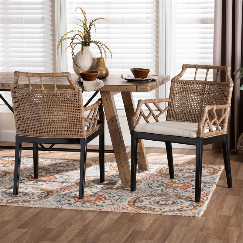 bali & pari Abiel Natural Rattan 2-Piece Dining Armchair Set with Cushion
