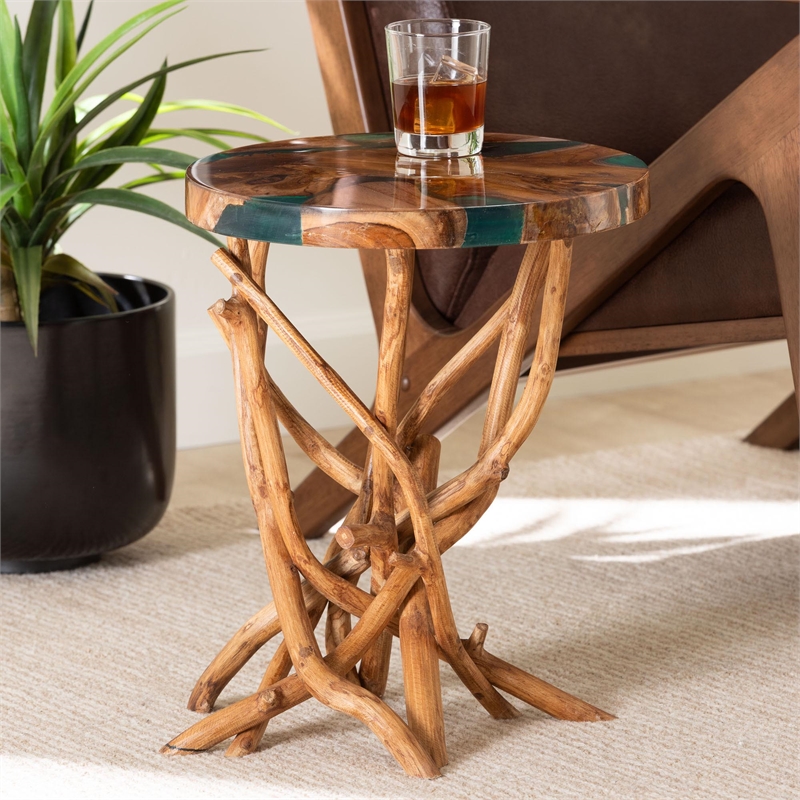 bali & pari Amada Teak Wood Epoxy Resin End Table - Round Live Edge Side Table