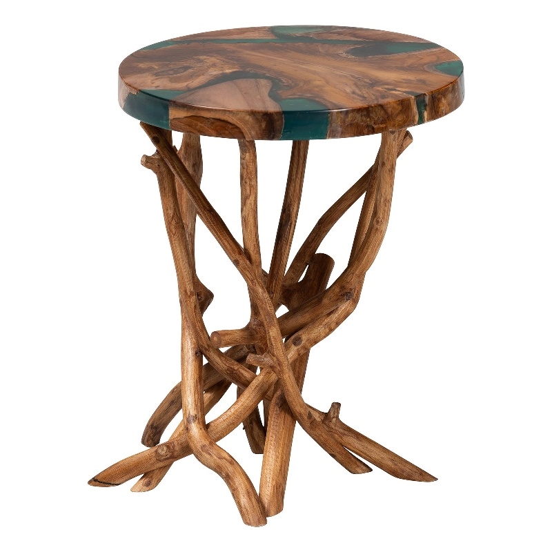 bali & pari Amada Teak Wood Epoxy Resin End Table - Round Live Edge Side Table