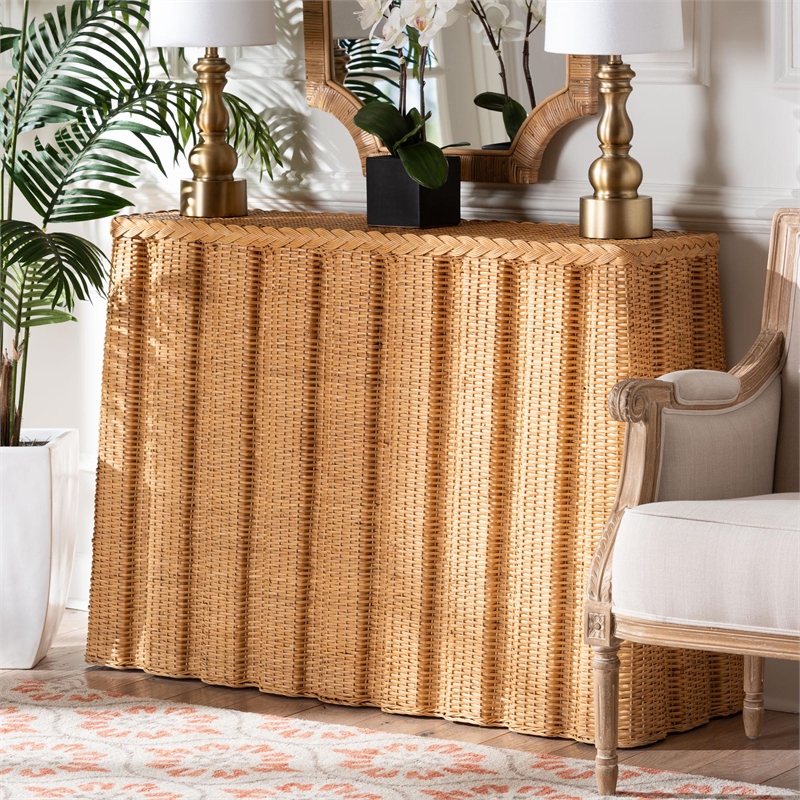 bali & pari Andrea Natural Rattan Console Table - Handwoven Wicker Accent Table
