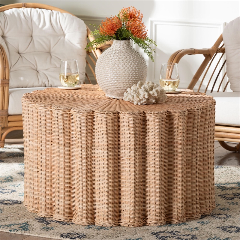 bali & pari Kensley Natural Rattan Coffee Table Handwoven Round Accent Table