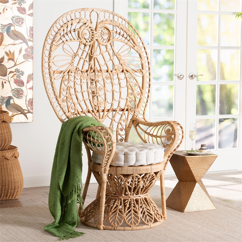 bali & pari Kimiko Natural Rattan Peacock Chair with Cushion Wicker Accent Chair