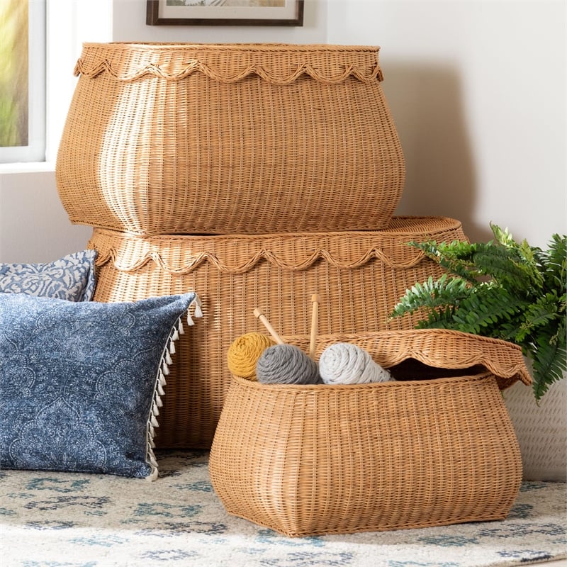 bali & pari Ayleen Natural Rattan Basket Set with Scalloped Lids Storage Boxes
