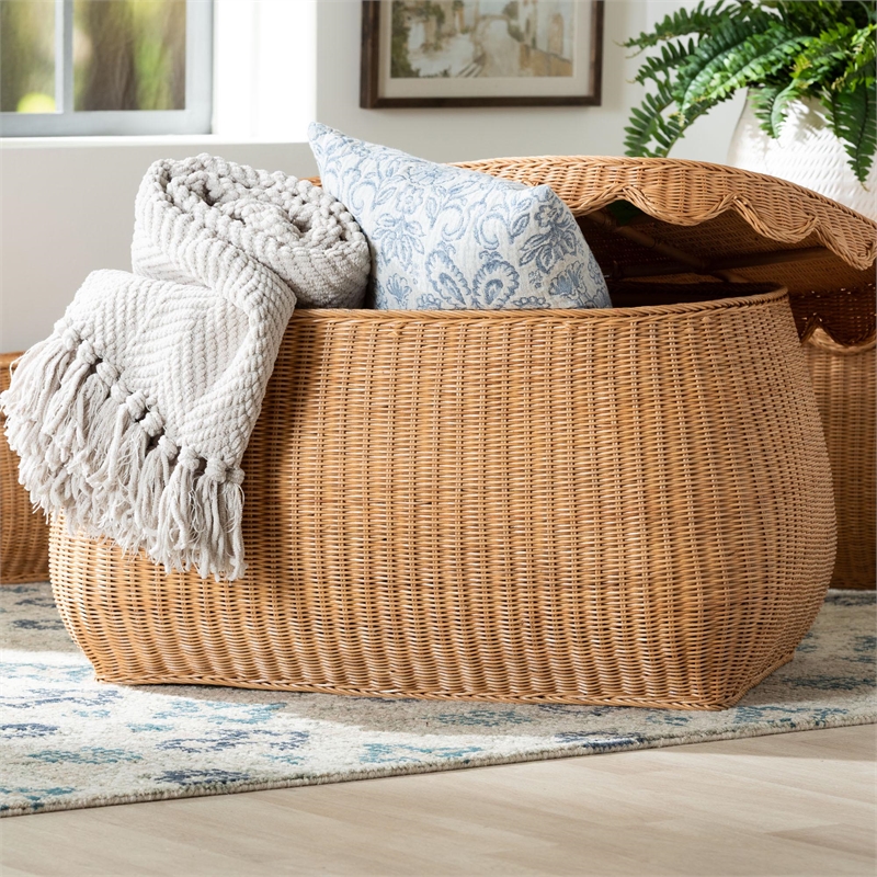 bali & pari Ayleen Natural Rattan Basket with Scalloped Lid Storage Box Large