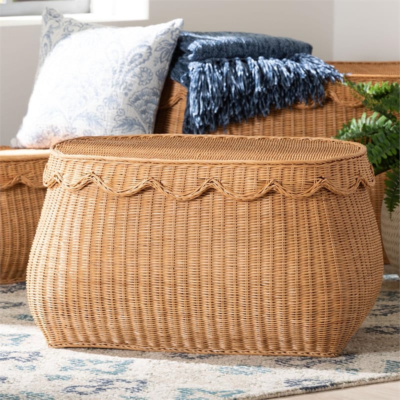 bali & pari Ayleen Natural Rattan Basket with Scalloped Lid Storage Box Medium