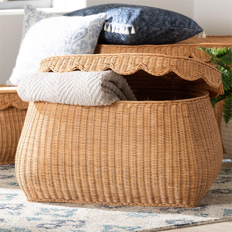 bali & pari Ayleen Natural Rattan Basket with Scalloped Lid Storage Box Medium