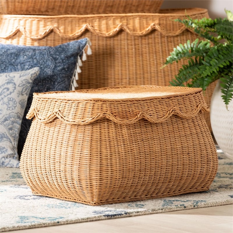 bali & pari Ayleen Natural Rattan Basket with Scalloped Lid Storage Box Small