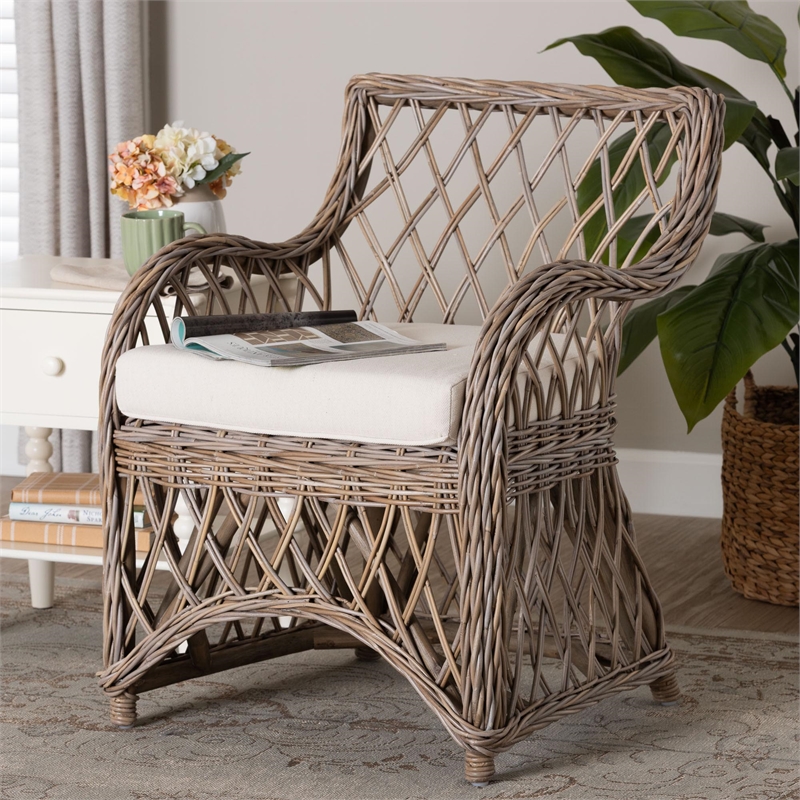 bali & pari Debra Natural Rattan Armchair Handwoven Open-Weave Wicker Armchair