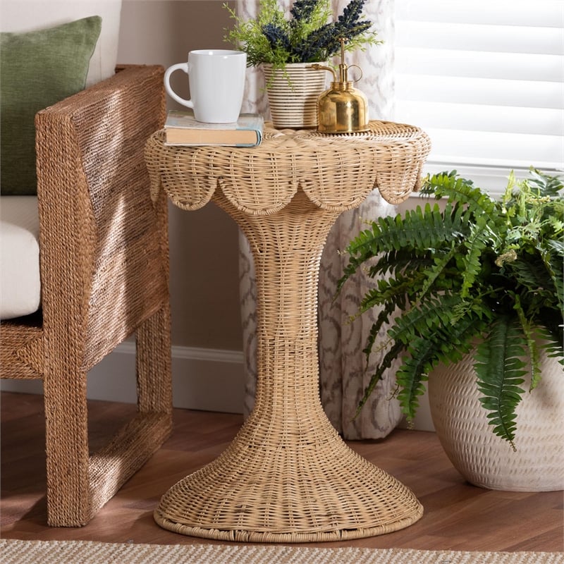 bali & pari Natala Rattan End Table Handwoven Wicker Tulip Accent Table