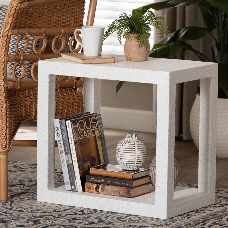 bali & pari Oaklynn Natural Grasscloth End Table Two-Tier Accent Table White