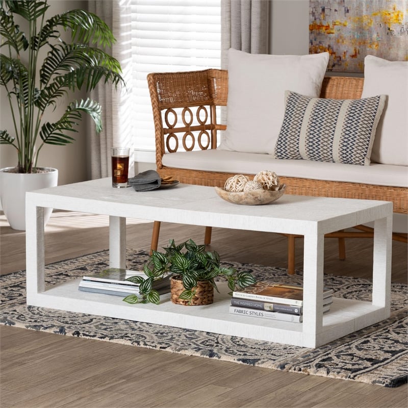 bali & pari Oaklynn Grasscloth Coffee Table Two-Tier Cocktail Table White