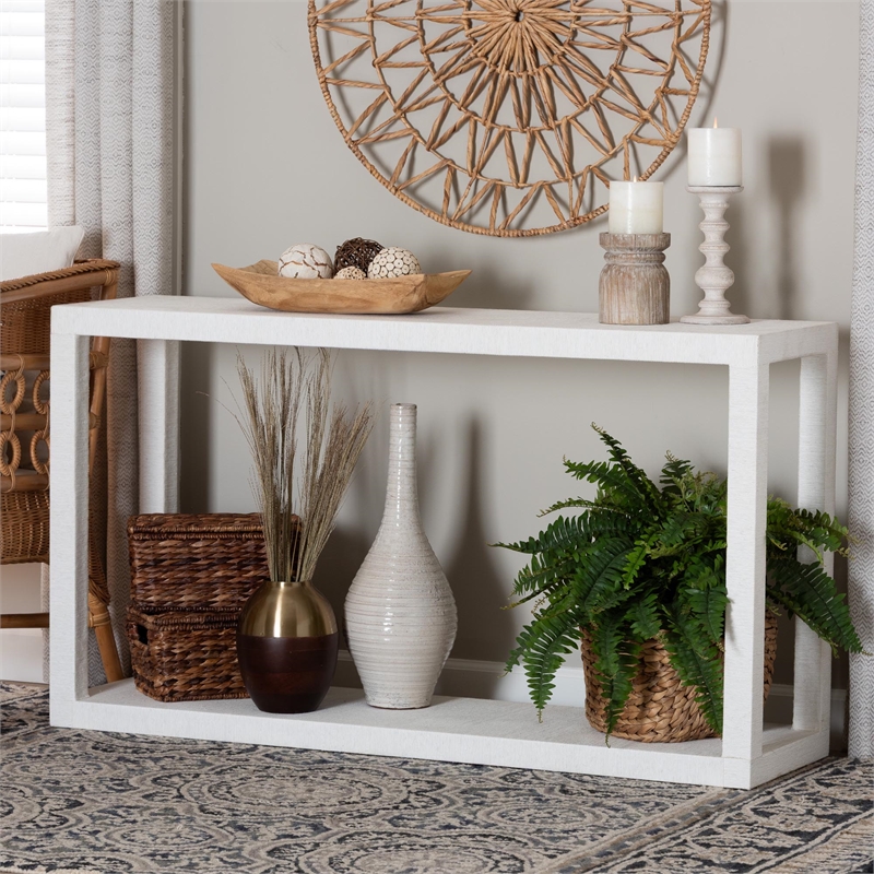 bali & pari Oaklynn Grasscloth Console Table Two-Tier Entryway Table White