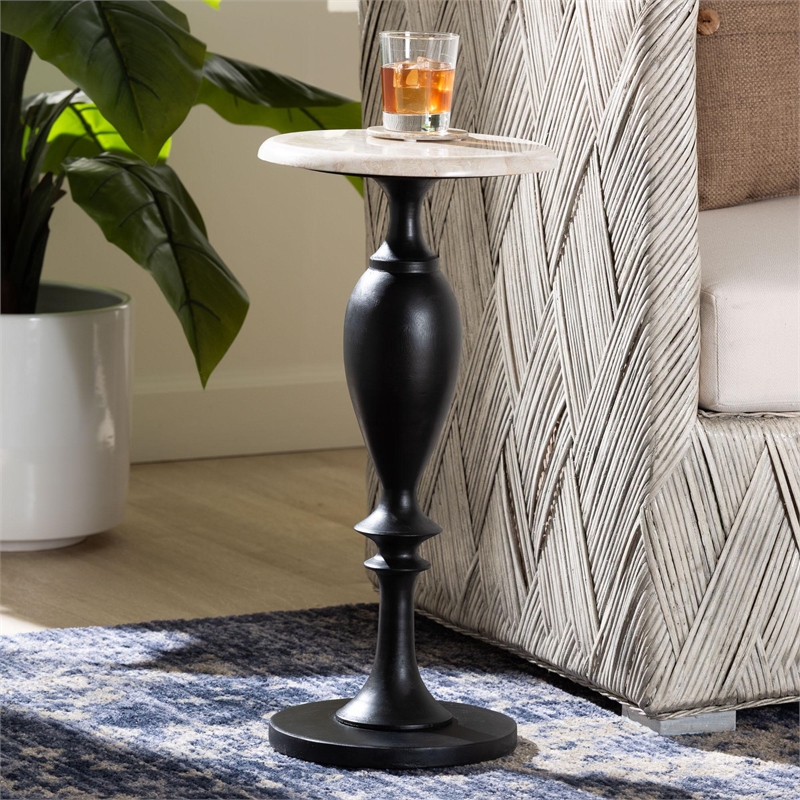 bali & pari Perlita End Table with Marble Stone Top Sculpted Pedestal Side Table