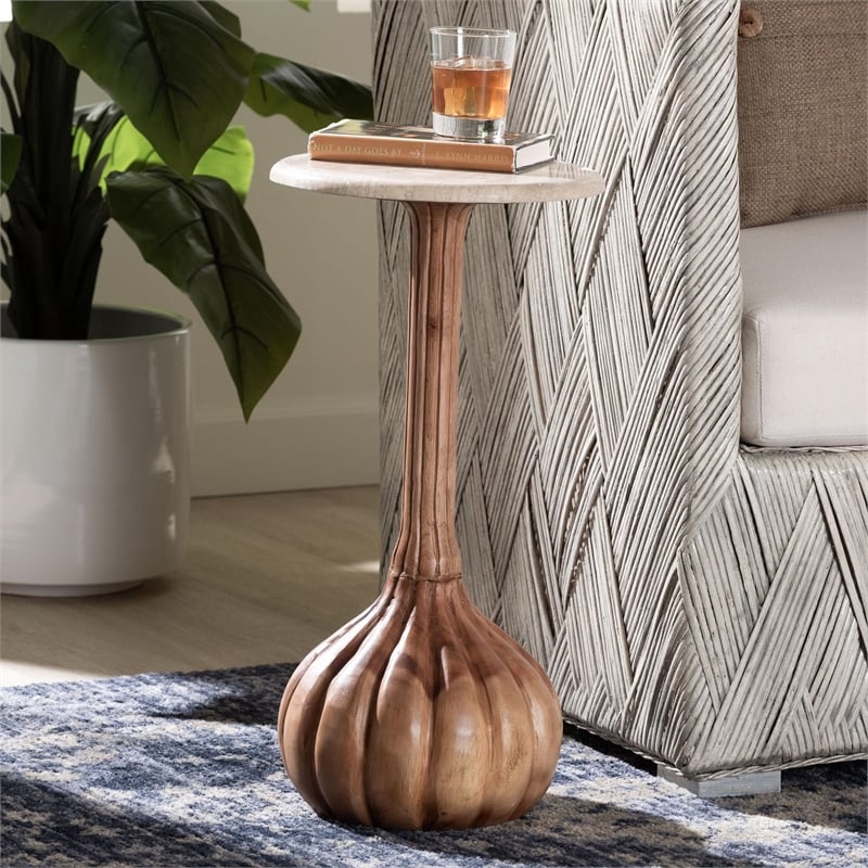 bali & pari Usama End Table with Marble Stone Top Sculpted Pedestal Side Table