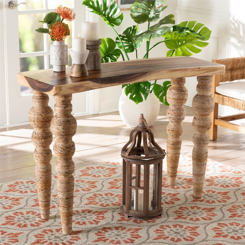 bali & pari Nasnan Teak Wood Console Table with Seagrass and Bobbin Legs