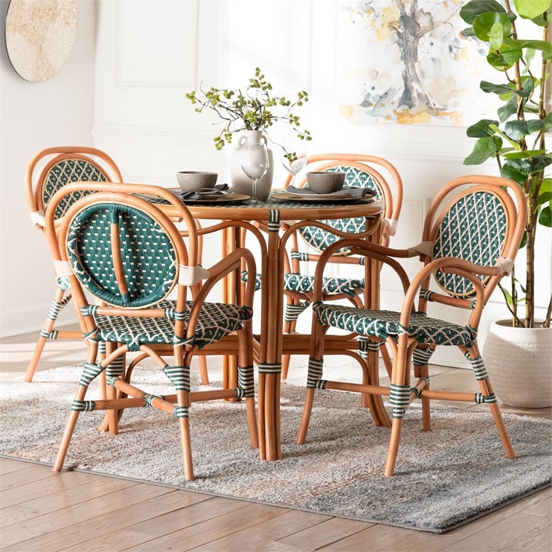 bali & pari Mattie Natural Rattan Bistro Dining Set 5-Piece Cafe-Style Set Green