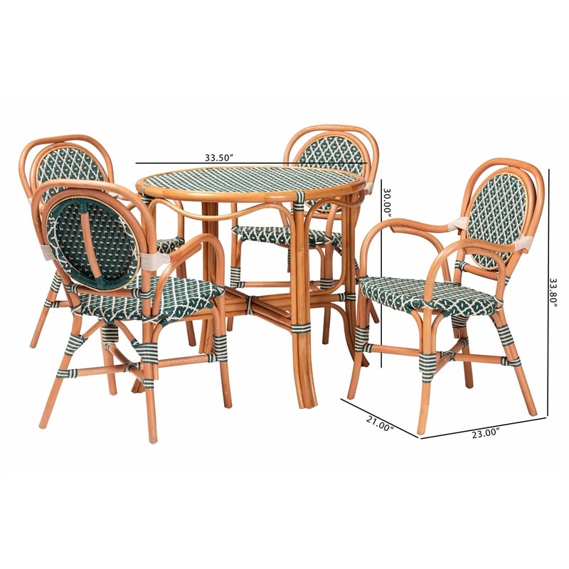 bali & pari Mattie Natural Rattan Bistro Dining Set 5-Piece Cafe-Style Set Green