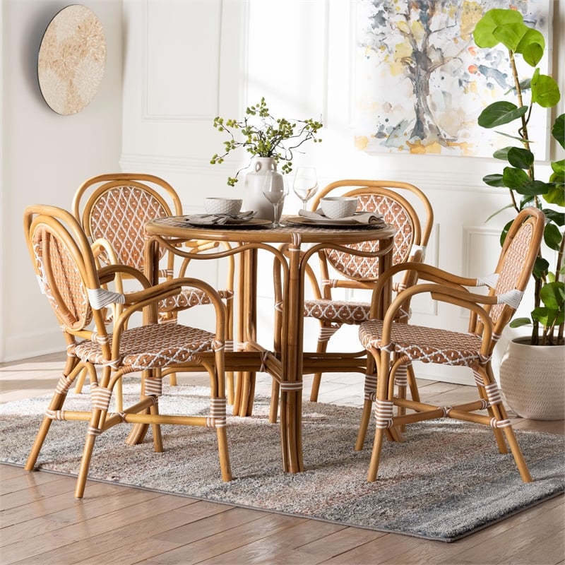 bali & pari Mattie Natural Rattan Bistro Dining Set 5-Piece Cafe-Style Set Beige