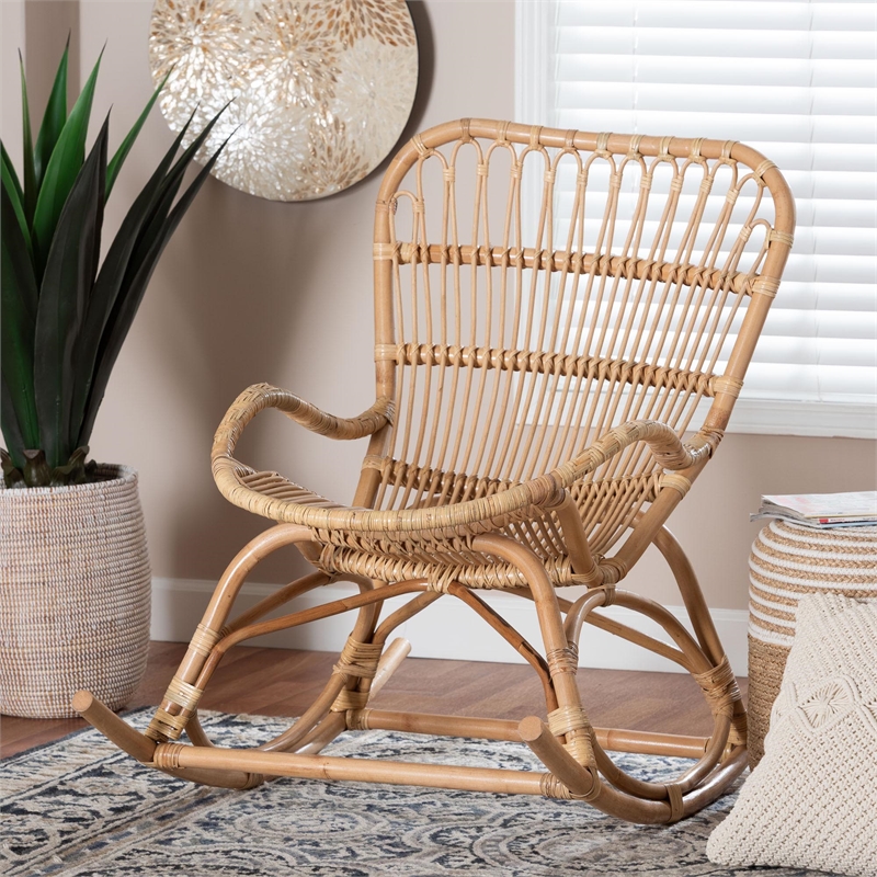 bali & pari Mahin Natural Rattan Rocking Chair Handwoven Wicker Accent Rocker
