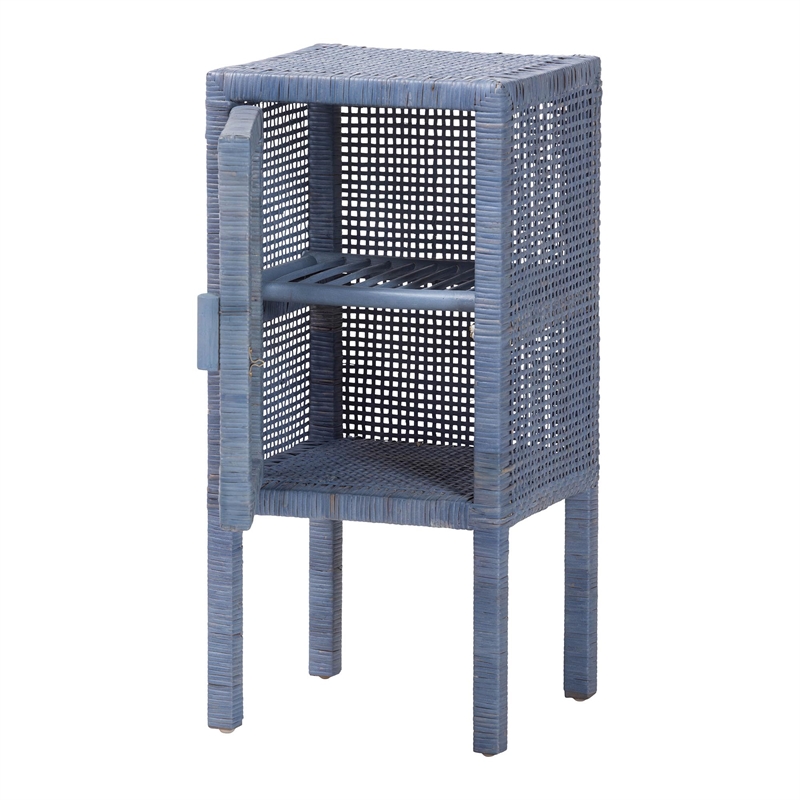 bali & pari Vivan Natural Rattan Nightstand Wood Accent Bedside Table Navy Blue
