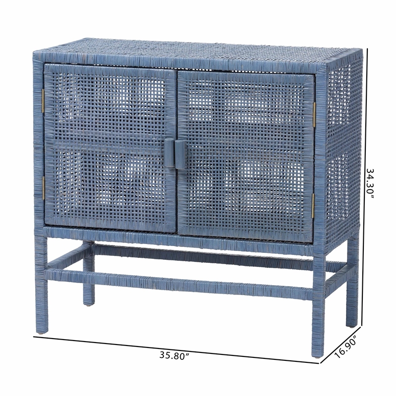 bali & pari Vivan Natural Rattan Storage Cabinet 2-Tier Accent Cabinet Navy Blue