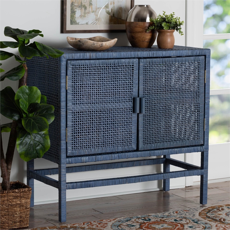 bali & pari Vivan Natural Rattan Storage Cabinet 2-Tier Accent Cabinet Navy Blue