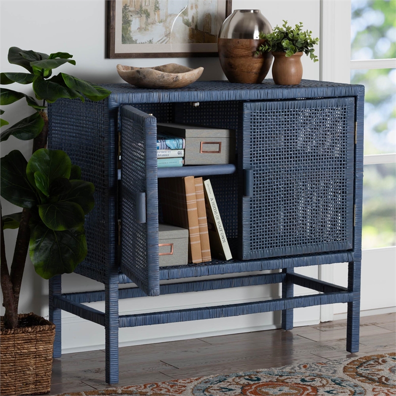 bali & pari Vivan Natural Rattan Storage Cabinet 2-Tier Accent Cabinet Navy Blue