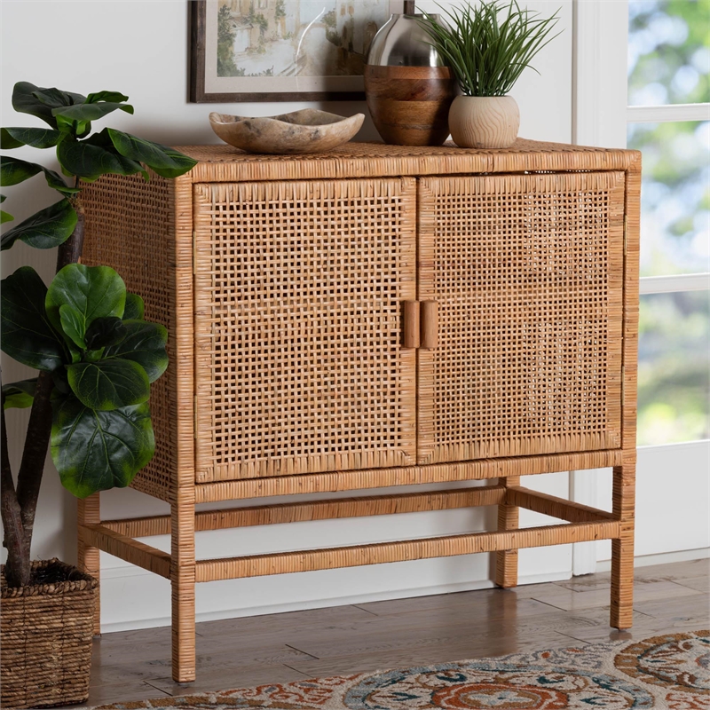 bali & pari Vivan Natural Rattan Storage Cabinet 2-Tier Accent Cabinet Brown