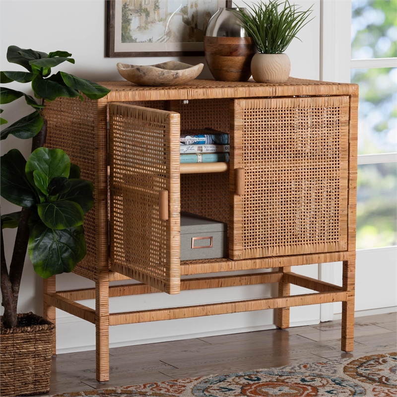 bali & pari Vivan Natural Rattan Storage Cabinet 2-Tier Accent Cabinet Brown