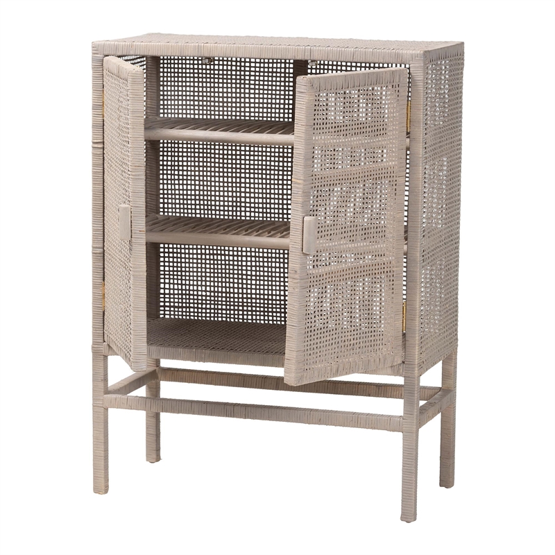 bali & pari Vivan Natural Rattan Storage Cabinet 3-Tier Accent Cabinet Grey