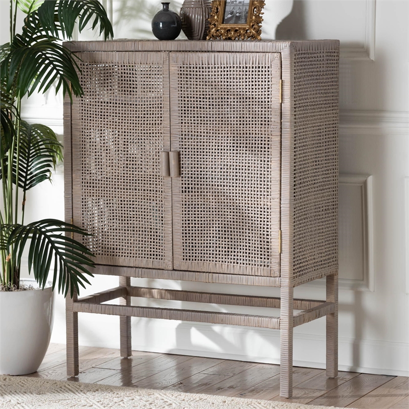 bali & pari Vivan Natural Rattan Storage Cabinet 3-Tier Accent Cabinet Grey