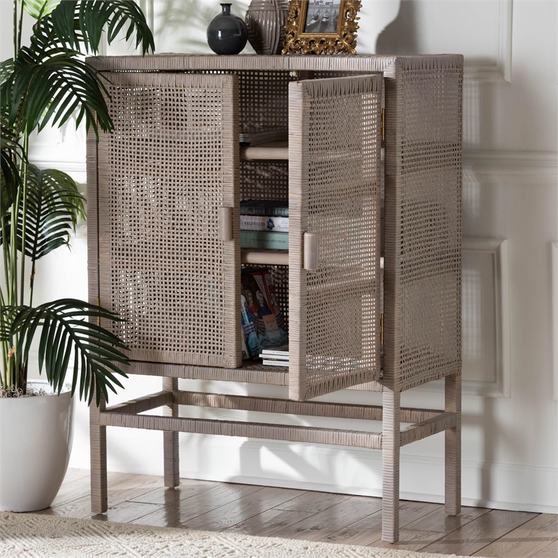bali & pari Vivan Natural Rattan Storage Cabinet 3-Tier Accent Cabinet Grey