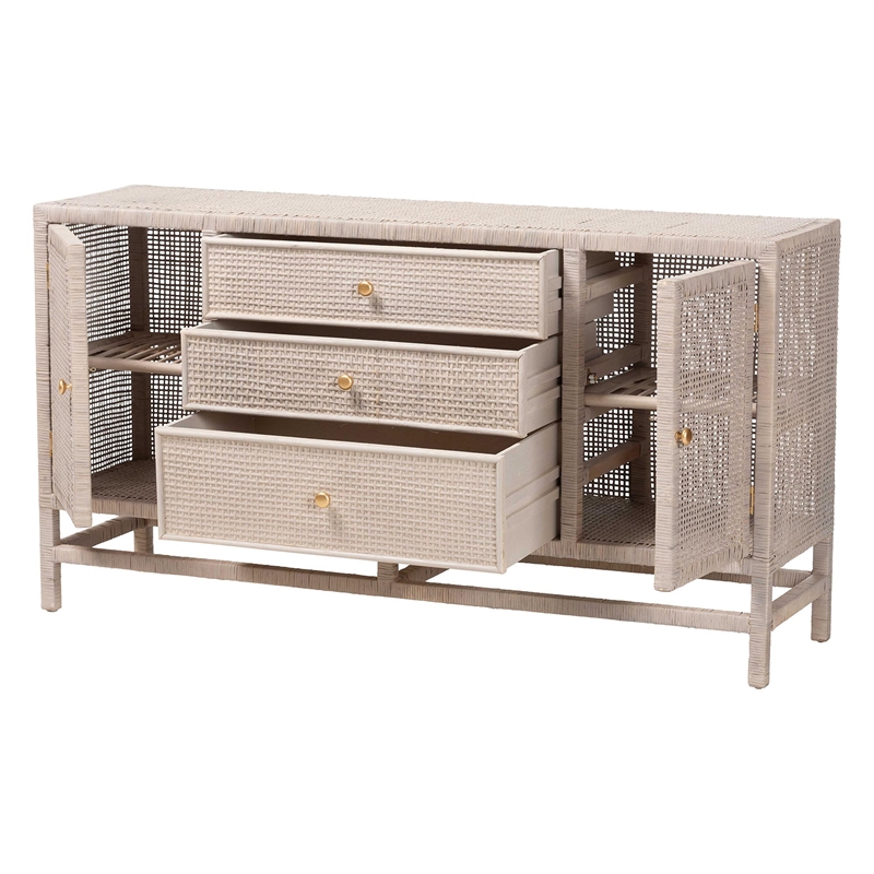 bali & pari Vivan Natural Rattan Storage Cabinet 3-Drawer Accent Cabinet Grey