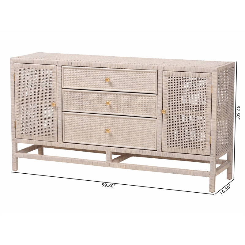 bali & pari Vivan Natural Rattan Storage Cabinet 3-Drawer Accent Cabinet Grey