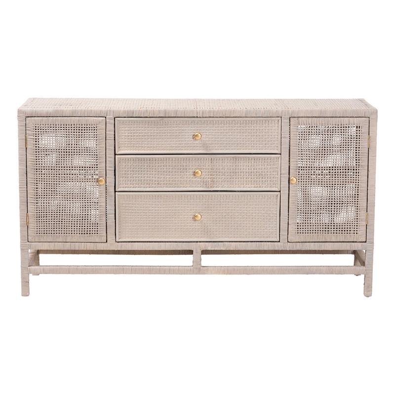 bali & pari Vivan Natural Rattan Storage Cabinet 3-Drawer Accent Cabinet Grey