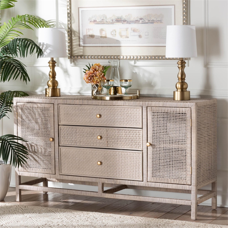 bali & pari Vivan Natural Rattan Storage Cabinet 3-Drawer Accent Cabinet Grey