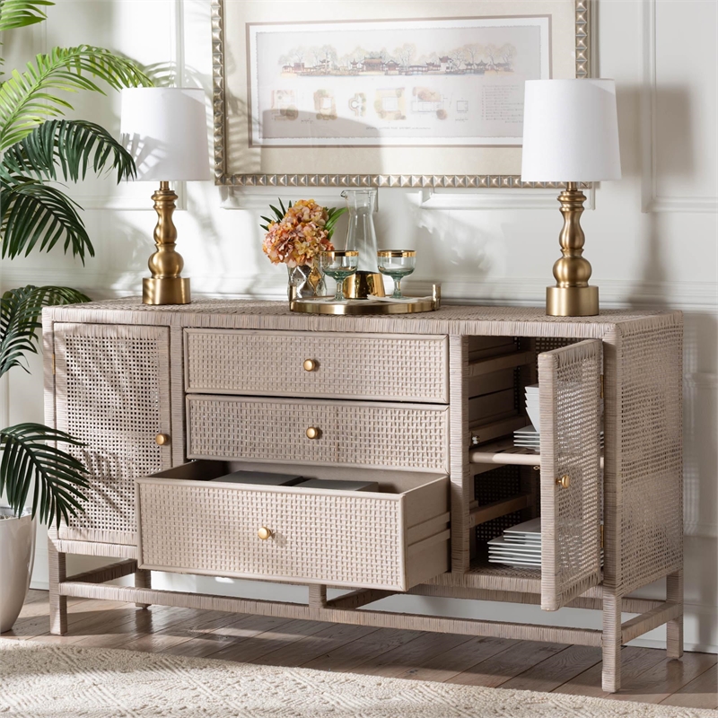 bali & pari Vivan Natural Rattan Storage Cabinet 3-Drawer Accent Cabinet Grey