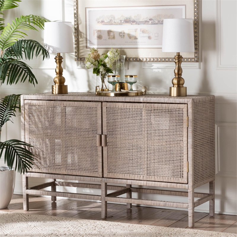 bali & pari Vivan Natural Rattan Storage Cabinet 2-Tier Accent Cabinet Grey