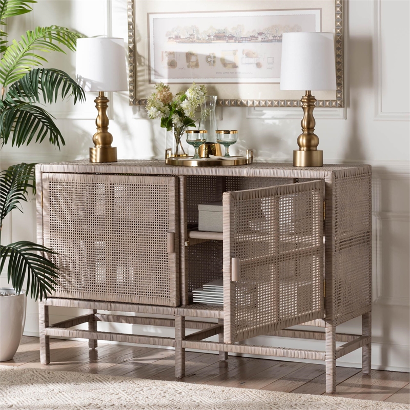 bali & pari Vivan Natural Rattan Storage Cabinet 2-Tier Accent Cabinet Grey