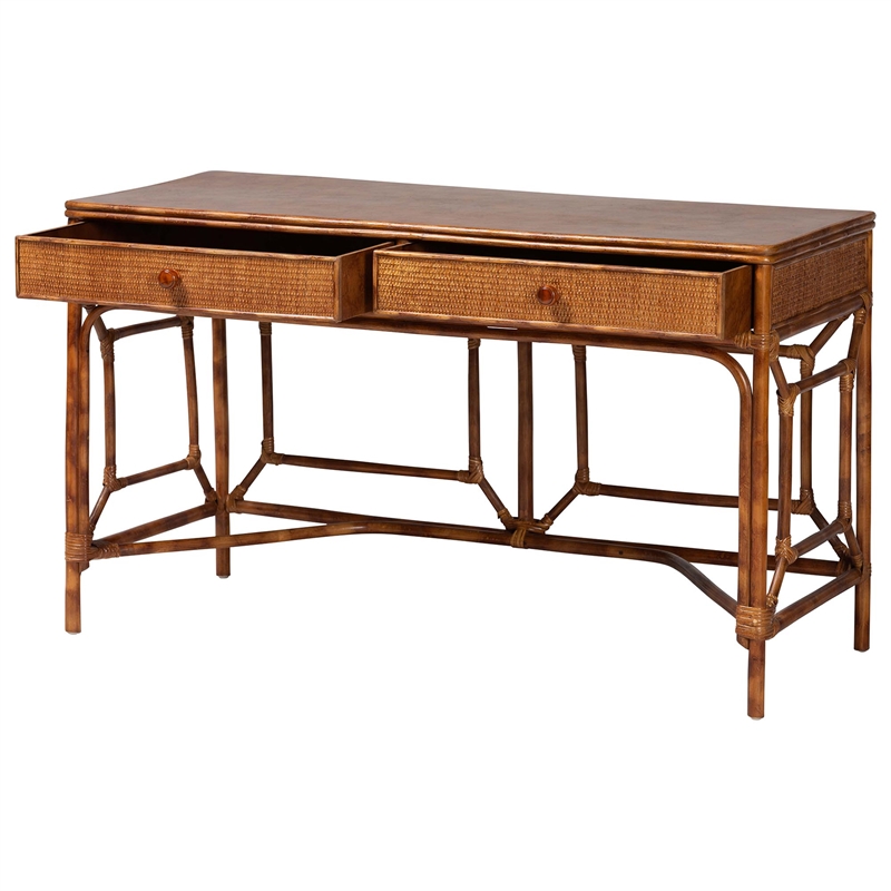 bali & pari Basile Marbled Tortoise Natural Rattan Desk 2-Drawer Writing Desk